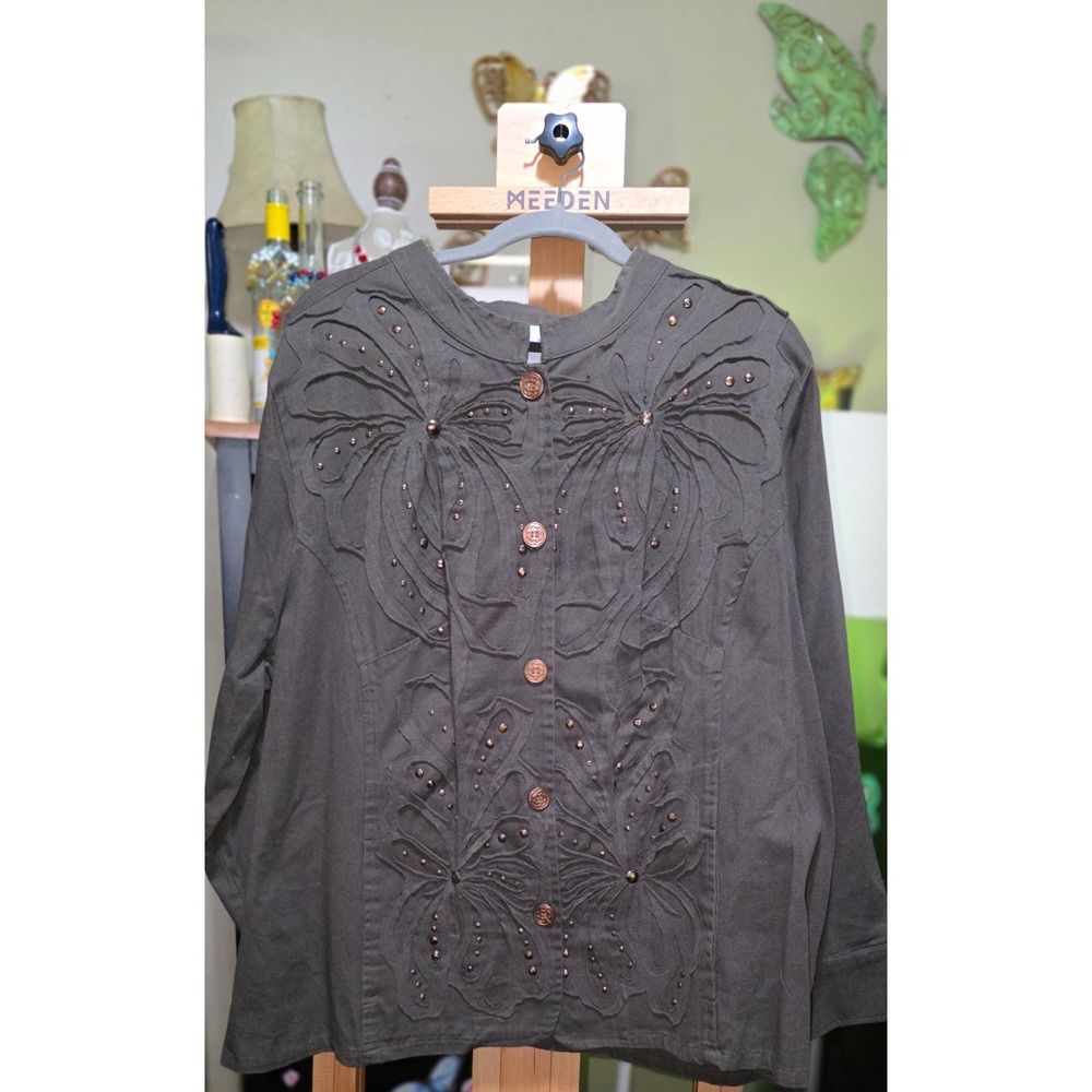 Liz & Me Womens 2X Green Cotton Butterfly Applique Studded Button Front Jacket